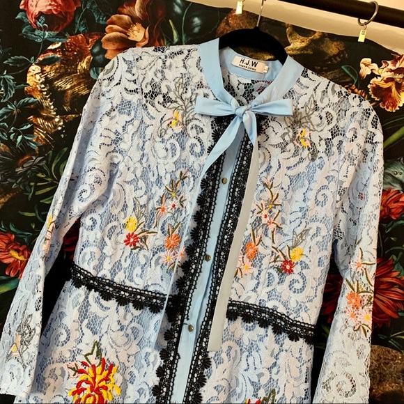 Lace & Flower Embroidered Light Blue Midi Dress - Picture 2 of 7